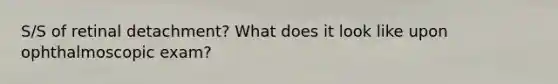 S/S of retinal detachment? What does it look like upon ophthalmoscopic exam?