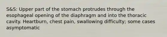 S&S: Upper part of the stomach protrudes through the esophageal opening of the diaphragm and into the thoracic cavity. Heartburn, chest pain, swallowing difficulty; some cases asymptomatic