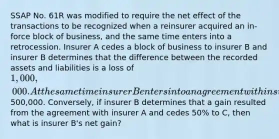 SSAP No. 61R was modified to require the net effect of the transactions to be recognized when a reinsurer acquired an in-force block of business, and the same time enters into a retrocession. Insurer A cedes a block of business to insurer B and insurer B determines that the difference between the recorded assets and liabilities is a loss of 1,000,000. At the same time insurer B enters into an agreement with insurer C who assumes a 50% proportionate interest. Insurer B/s net loss is500,000. Conversely, if insurer B determines that a gain resulted from the agreement with insurer A and cedes 50% to C, then what is insurer B's net gain?