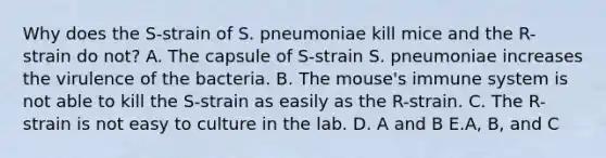 Why does the S-strain of S. pneumoniae kill mice and the R-strain do not? A. The capsule of S-strain S. pneumoniae increases the virulence of the bacteria. B. The mouse's immune system is not able to kill the S-strain as easily as the R-strain. C. The R-strain is not easy to culture in the lab. D. A and B E.A, B, and C