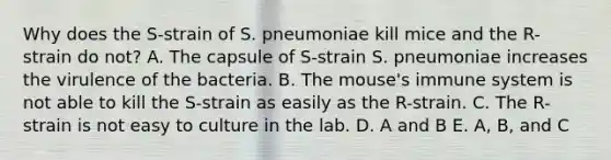 Why does the S-strain of S. pneumoniae kill mice and the R-strain do not? A. The capsule of S-strain S. pneumoniae increases the virulence of the bacteria. B. The mouse's immune system is not able to kill the S-strain as easily as the R-strain. C. The R-strain is not easy to culture in the lab. D. A and B E. A, B, and C