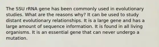 The SSU rRNA gene has been commonly used in evolutionary studies. What are the reasons why? It can be used to study distant evolutionary relationships. It is a large gene and has a large amount of sequence information. It is found in all living organisms. It is an essential gene that can never undergo a mutation.