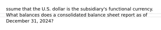 ssume that the U.S. dollar is the subsidiary's functional currency. What balances does a consolidated balance sheet report as of December 31, 2024?