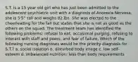 S.T. is a 15 year old girl who has just been admitted to the adolescent psychiatric unit with a diagnosis of Anorexia Nervosa. she is 5'5'' tall and weighs 82 lbs. She was elected to the cheerleading for the fall but states that she is not as good as the others on the squad. The treatment team has identified the following problems: refusal to eat, occasional purging, refusing to interact with staff and peers, and fear of failure. Which of the following nursing diagnoses would be the priority diagnosis for S.T.? a. social isolation b. disturbed body image c. low self-esteem d. imbalanced nutrition: less than body requirements