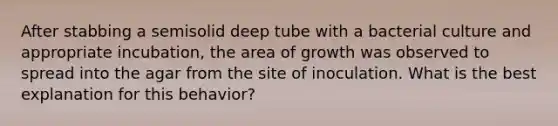 After stabbing a semisolid deep tube with a bacterial culture and appropriate incubation, the area of growth was observed to spread into the agar from the site of inoculation. What is the best explanation for this behavior?