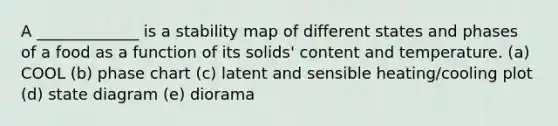 A _____________ is a stability map of different states and phases of a food as a function of its solids' content and temperature. (a) COOL (b) phase chart (c) latent and sensible heating/cooling plot (d) state diagram (e) diorama