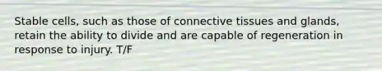 Stable cells, such as those of <a href='https://www.questionai.com/knowledge/kYDr0DHyc8-connective-tissue' class='anchor-knowledge'>connective tissue</a>s and glands, retain the ability to divide and are capable of regeneration in response to injury. T/F