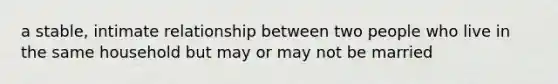 a stable, intimate relationship between two people who live in the same household but may or may not be married