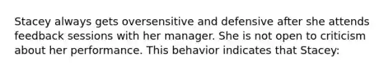 Stacey always gets oversensitive and defensive after she attends feedback sessions with her manager. She is not open to criticism about her performance. This behavior indicates that Stacey: