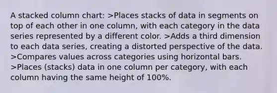 A stacked column chart: >Places stacks of data in segments on top of each other in one column, with each category in the data series represented by a different color. >Adds a third dimension to each data series, creating a distorted perspective of the data. >Compares values across categories using horizontal bars. >Places (stacks) data in one column per category, with each column having the same height of 100%.