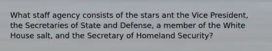 What staff agency consists of the stars ant the Vice President, the Secretaries of State and Defense, a member of the White House salt, and the Secretary of Homeland Security?