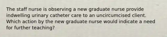 The staff nurse is observing a new graduate nurse provide indwelling urinary catheter care to an uncircumcised client. Which action by the new graduate nurse would indicate a need for further teaching?