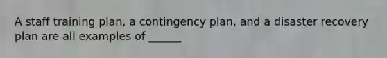 A staff training plan, a contingency plan, and a disaster recovery plan are all examples of ______