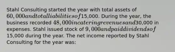 Stahl Consulting started the year with total assets of 60,000 and total liabilities of15,000. During the year, the business recorded 48,000 in catering revenues and30,000 in expenses. Stahl issued stock of 9,000 and paid dividends of15,000 during the year. The net income reported by Stahl Consulting for the year was: