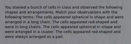 You stained a bunch of cells in class and observed the following shapes and arrangements. Match your observations with the following terms: The cells appeared spherical in shape and were arranged in a long chain. The cells appeared rod-shaped and were in long chains. The cells appeared spherical in shape and were arranged in a cluster. The cells appeared rod-shaped and were always arranged as a pair.