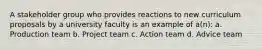 A stakeholder group who provides reactions to new curriculum proposals by a university faculty is an example of a(n): a. Production team b. Project team c. Action team d. Advice team