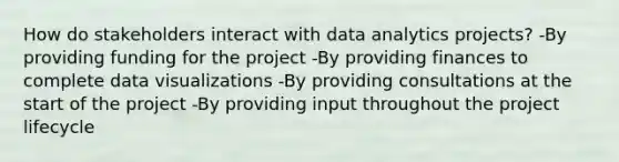 How do stakeholders interact with data analytics projects? -By providing funding for the project -By providing finances to complete data visualizations -By providing consultations at the start of the project -By providing input throughout the project lifecycle