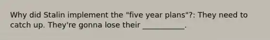 Why did Stalin implement the "five year plans"?: They need to catch up. They're gonna lose their ___________.