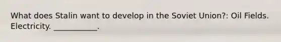What does Stalin want to develop in the Soviet Union?: Oil Fields. Electricity. ___________.