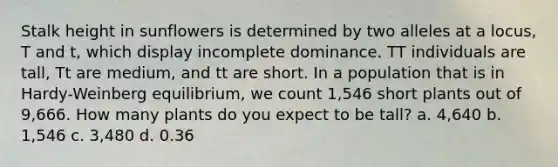 Stalk height in sunflowers is determined by two alleles at a locus, T and t, which display incomplete dominance. TT individuals are tall, Tt are medium, and tt are short. In a population that is in Hardy-Weinberg equilibrium, we count 1,546 short plants out of 9,666. How many plants do you expect to be tall? a. 4,640 b. 1,546 c. 3,480 d. 0.36
