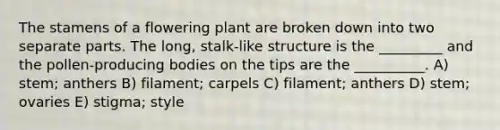 The stamens of a flowering plant are broken down into two separate parts. The long, stalk-like structure is the _________ and the pollen-producing bodies on the tips are the __________. A) stem; anthers B) filament; carpels C) filament; anthers D) stem; ovaries E) stigma; style