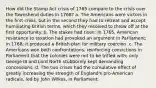 How did the Stamp Act crisis of 1765 compare to the crisis over the Townshend duties in 1768? a. The Americans were victors in the first crisis, but in the second they had to retreat and accept humiliating British terms, which they resolved to throw off at the first opportunity. b. The stakes had risen: In 1765, American resistance to taxation had provoked an argument in Parliament; in 1768, it produced a British plan for military coercion. c. The Americans won both confrontations, reinforcing convictions in Parliament that the colonies were not to be trifled with; only George III and Lord North stubbornly kept demanding concessions. d. The two crises had the cumulative effect of greatly increasing the strength of England's pro-American radicals, led by John Wilkes, in Parliament.