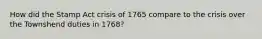 How did the Stamp Act crisis of 1765 compare to the crisis over the Townshend duties in 1768?