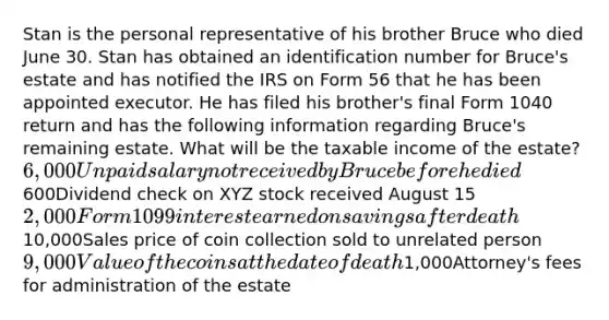 Stan is the personal representative of his brother Bruce who died June 30. Stan has obtained an identification number for Bruce's estate and has notified the IRS on Form 56 that he has been appointed executor. He has filed his brother's final Form 1040 return and has the following information regarding Bruce's remaining estate. What will be the taxable income of the estate? 6,000Unpaid salary not received by Bruce before he died600Dividend check on XYZ stock received August 152,000Form 1099 interest earned on savings after death10,000Sales price of coin collection sold to unrelated person9,000Value of the coins at the date of death1,000Attorney's fees for administration of the estate