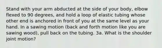 Stand with your arm abducted at the side of your body, elbow flexed to 90 degrees, and hold a loop of elastic tubing whose other end is anchored in front of you at the same level as your hand. In a sawing motion (back and forth motion like you are sawing wood), pull back on the tubing. 3a. What is the shoulder joint motion?