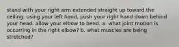 stand with your right arm extended straight up toward the ceiling. using your left hand, push your right hand down behind your head. allow your elbow to bend. a. what joint motion is occurring in the right elbow? b. what muscles are being stretched?