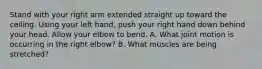 Stand with your right arm extended straight up toward the ceiling. Using your left hand, push your right hand down behind your head. Allow your elbow to bend. A. What joint motion is occurring in the right elbow? B. What muscles are being stretched?