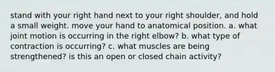 stand with your right hand next to your right shoulder, and hold a small weight. move your hand to anatomical position. a. what joint motion is occurring in the right elbow? b. what type of contraction is occurring? c. what muscles are being strengthened? is this an open or closed chain activity?