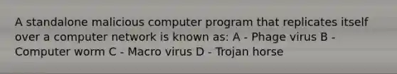 A standalone malicious computer program that replicates itself over a computer network is known as: A - Phage virus B - Computer worm C - Macro virus D - Trojan horse