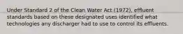 Under Standard 2 of the Clean Water Act (1972), effluent standards based on these designated uses identified what technologies any discharger had to use to control its effluents.