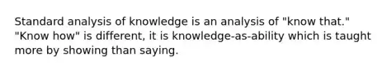 Standard analysis of knowledge is an analysis of "know that." "Know how" is different, it is knowledge-as-ability which is taught more by showing than saying.