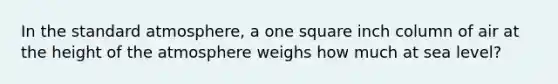 In the standard atmosphere, a one square inch column of air at the height of the atmosphere weighs how much at sea level?