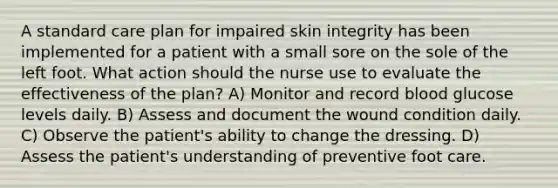 A standard care plan for impaired skin integrity has been implemented for a patient with a small sore on the sole of the left foot. What action should the nurse use to evaluate the effectiveness of the plan? A) Monitor and record blood glucose levels daily. B) Assess and document the wound condition daily. C) Observe the patient's ability to change the dressing. D) Assess the patient's understanding of preventive foot care.