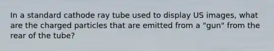 In a standard cathode ray tube used to display US images, what are the charged particles that are emitted from a "gun" from the rear of the tube?