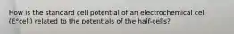 How is the standard cell potential of an electrochemical cell (E°cell) related to the potentials of the half-cells?