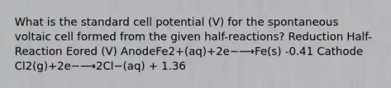 What is the standard cell potential (V) for the spontaneous voltaic cell formed from the given half-reactions? Reduction Half-Reaction Eored (V) AnodeFe2+(aq)+2e−⟶Fe(s) -0.41 Cathode Cl2(g)+2e−⟶2Cl−(aq) + 1.36