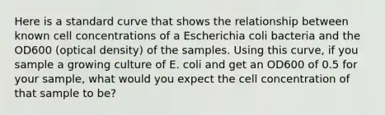 Here is a standard curve that shows the relationship between known cell concentrations of a Escherichia coli bacteria and the OD600 (optical density) of the samples. Using this curve, if you sample a growing culture of E. coli and get an OD600 of 0.5 for your sample, what would you expect the cell concentration of that sample to be?