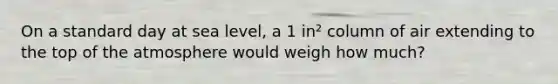 On a standard day at sea level, a 1 in² column of air extending to the top of the atmosphere would weigh how much?