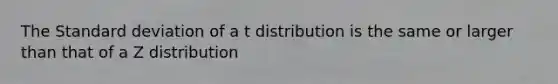 The Standard deviation of a t distribution is the same or larger than that of a Z distribution