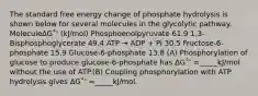 The standard free energy change of phosphate hydrolysis is shown below for several molecules in the glycolytic pathway. MoleculeΔG˚' (kJ/mol) Phosphoenolpyruvate 61.9 1,3-Bisphosphoglycerate 49.4 ATP → ADP + Pi 30.5 Fructose-6-phosphate 15.9 Glucose-6-phosphate 13.8 (A) Phosphorylation of glucose to produce glucose-6-phosphate has ΔG˚' =_____kJ/mol without the use of ATP.(B) Coupling phosphorylation with ATP hydrolysis gives ΔG˚' =_____kJ/mol.