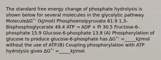 The standard free energy change of phosphate hydrolysis is shown below for several molecules in the glycolytic pathway. MoleculeΔG˚' (kJ/mol) Phosphoenolpyruvate 61.9 1,3-Bisphosphoglycerate 49.4 ATP → ADP + Pi 30.5 Fructose-6-phosphate 15.9 Glucose-6-phosphate 13.8 (A) Phosphorylation of glucose to produce glucose-6-phosphate has ΔG˚' =_____kJ/mol without the use of ATP.(B) Coupling phosphorylation with ATP hydrolysis gives ΔG˚' =_____kJ/mol.