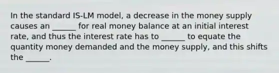 In the standard IS-LM model, a decrease in the money supply causes an ______ for real money balance at an initial interest rate, and thus the interest rate has to ______ to equate the quantity money demanded and the money supply, and this shifts the ______.