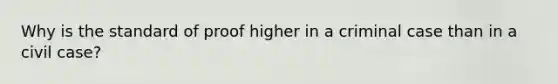 Why is the standard of proof higher in a criminal case than in a civil case?