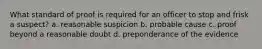 What standard of proof is required for an officer to stop and frisk a suspect? a. reasonable suspicion b. probable cause c. proof beyond a reasonable doubt d. preponderance of the evidence