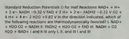 Standard Reduction Potentials () for Half Reactions NAD+ + H+ + 2 e− NADH −0.32 V FAD + 2 H+ + 2 e− FADH2 −0.22 V O2 + 4 H+ + 4 e− 2 H2O +0.82 V In the direction indicated, which of the following reactions are thermodynamically favored? I. NAD+ + H2O O2 + NADH II. FADH2 + H2O O2 + FAD III. NADH + O2 H2O + NAD+ I and II III only I, II, and III I and III