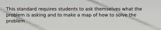 This standard requires students to ask themselves what the problem is asking and to make a map of how to solve the problem